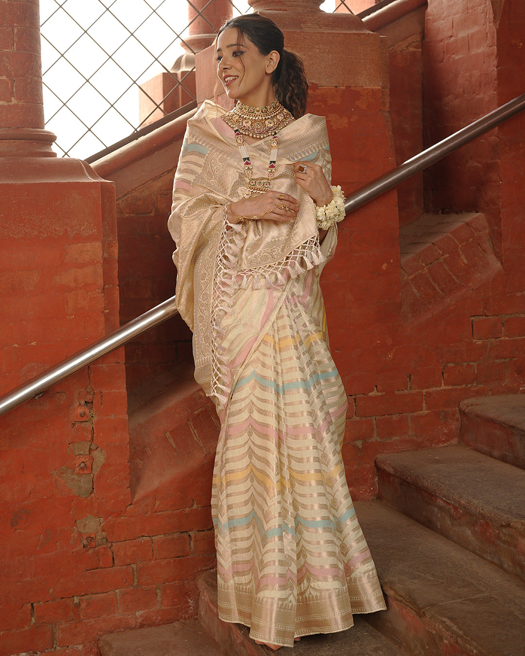 Ivory Rangkat Pure Banarasi Saree with Multi-hued Pastel Matrix Weaves