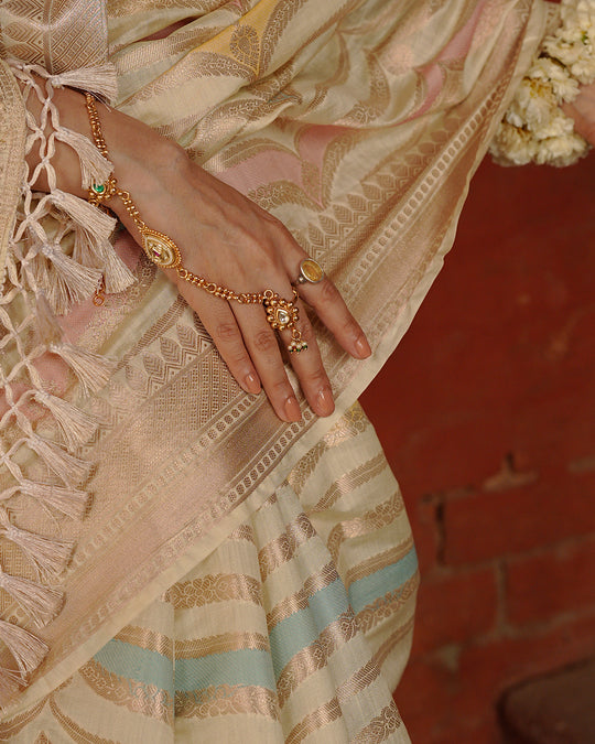 Ivory Rangkat Pure Banarasi Saree with Multi-hued Pastel Matrix Weaves