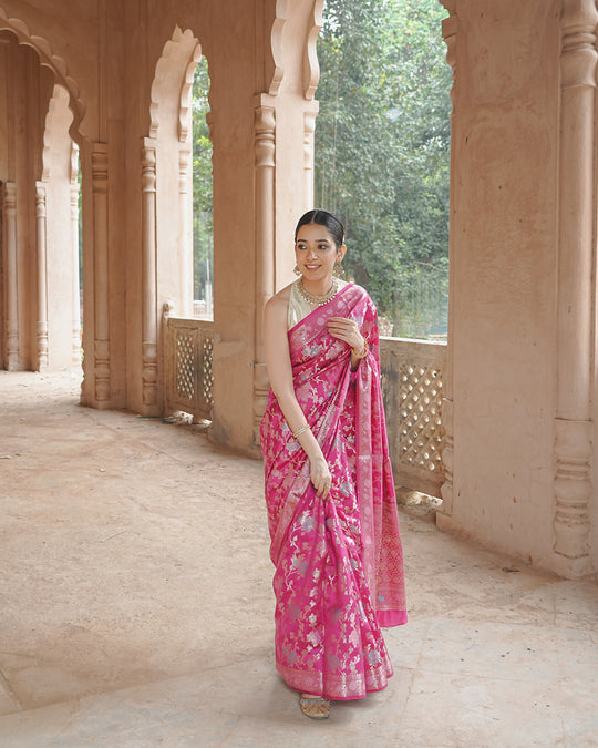 Sunehri Rani Pink Zari Banarasi Saree
