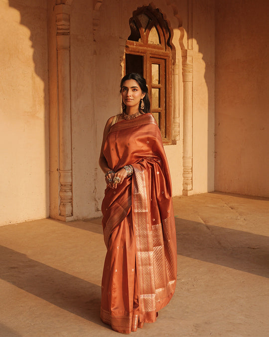 Terracotta Banarasi Silk Saree with Timeless Craft