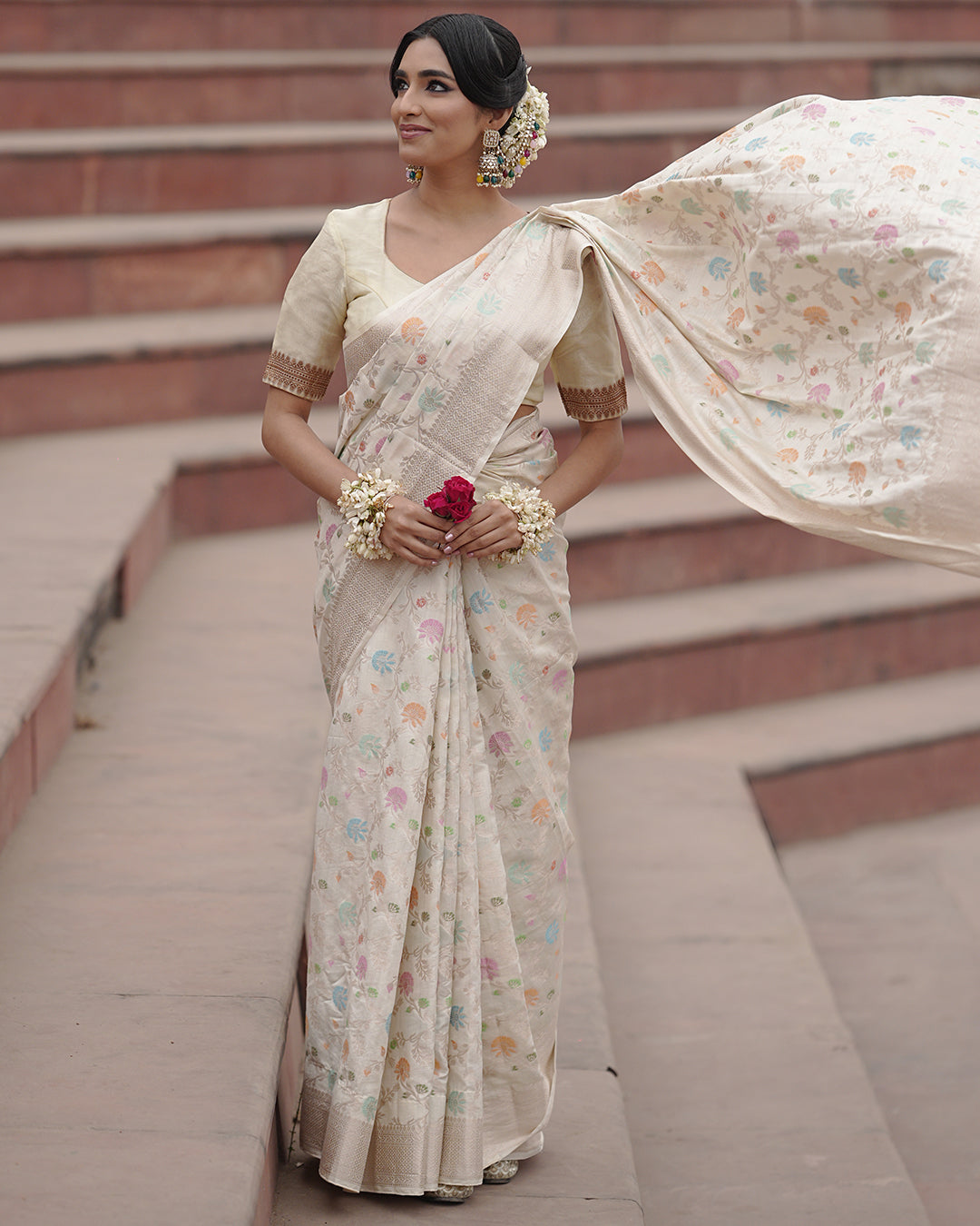 Ivory Pure Banarasi Saree with Pastel Florals Weaves and Subtle Zari Accents