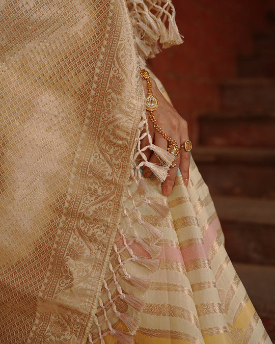 Ivory Rangkat Pure Banarasi Saree with Multi-hued Pastel Matrix Weaves