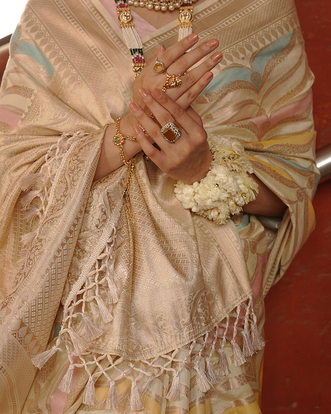 Ivory Rangkat Pure Banarasi Saree with Multi-hued Pastel Matrix Weaves