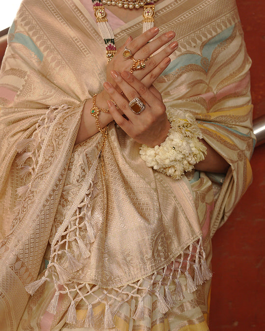 Ivory Rangkat Pure Banarasi Saree with Multi-hued Pastel Matrix Weaves