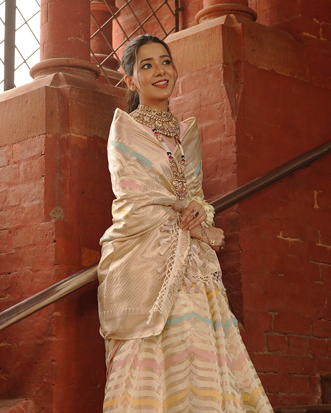 Ivory Rangkat Pure Banarasi Saree with Multi-hued Pastel Matrix Weaves