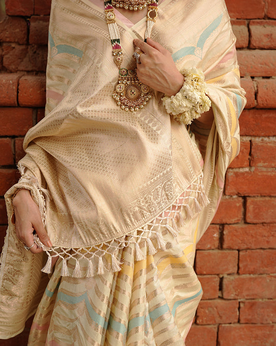 Ivory Rangkat Pure Banarasi Saree with Multi-hued Pastel Matrix Weaves