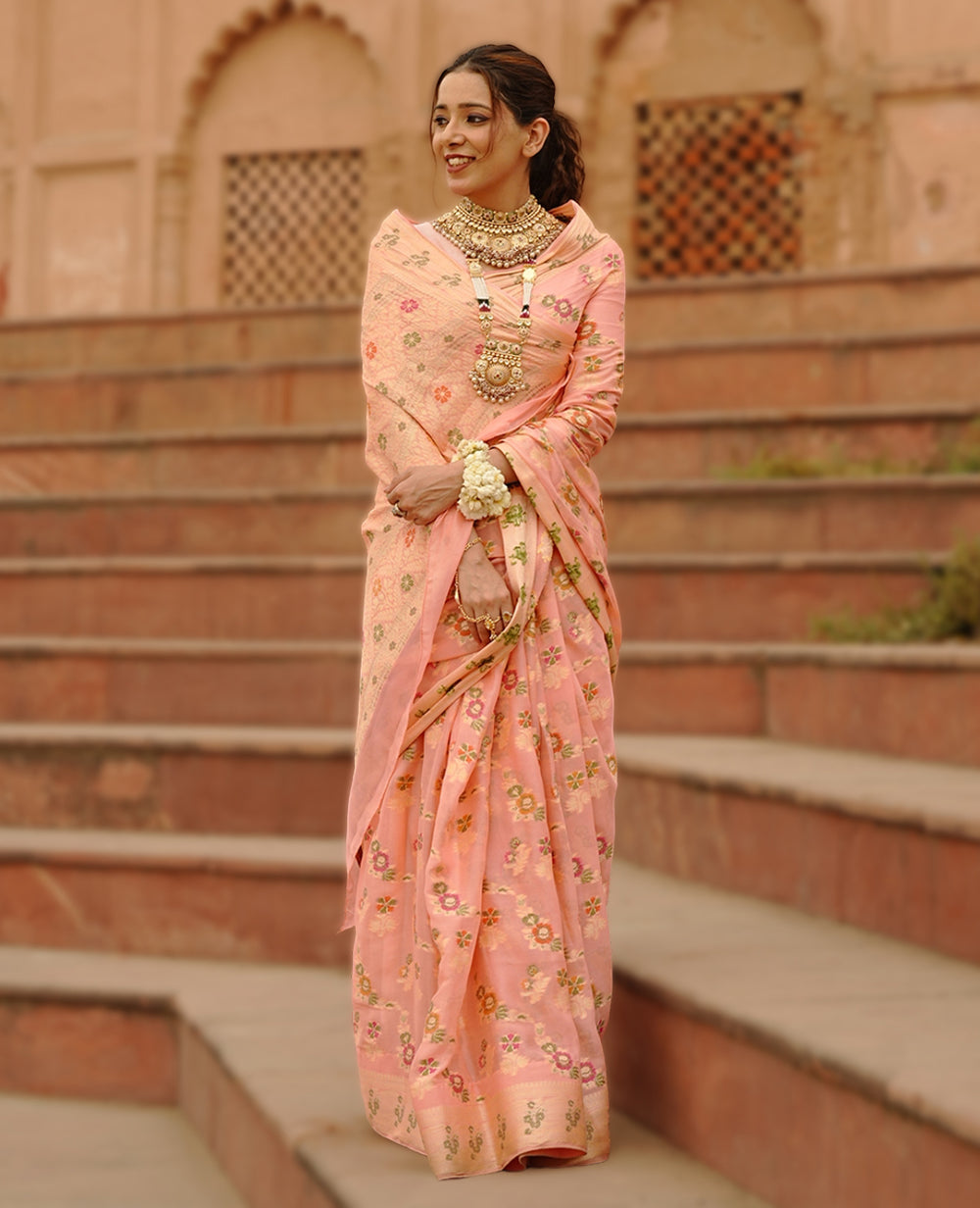 Peach Pure Chiffon Saree with Multicolor Meenakari Floral Craftsmanship