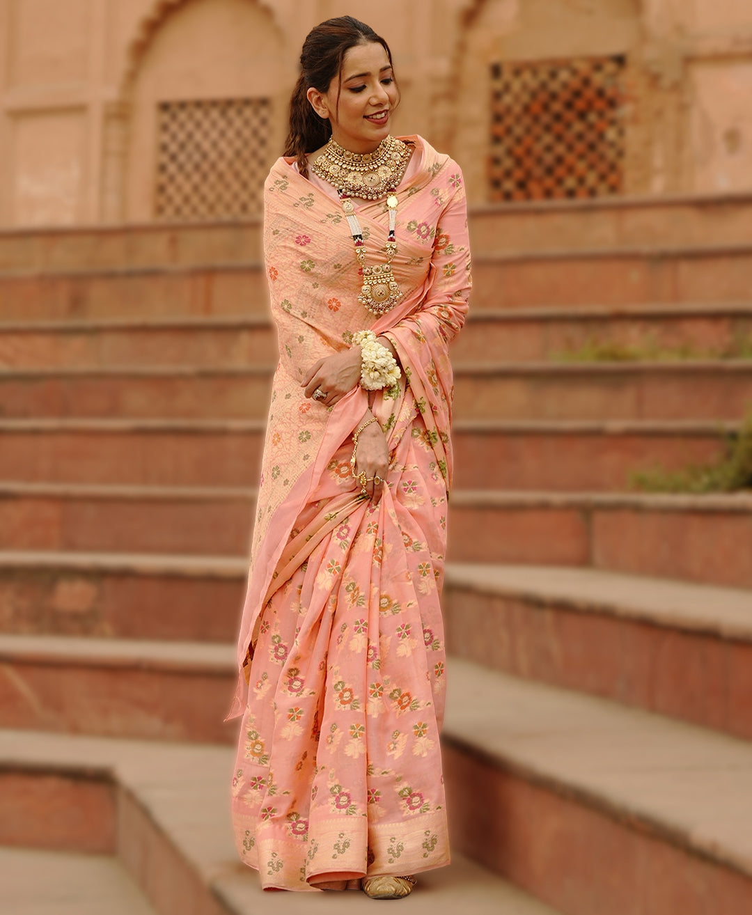 Peach Pure Chiffon Saree with Multicolor Meenakari Floral Craftsmanship