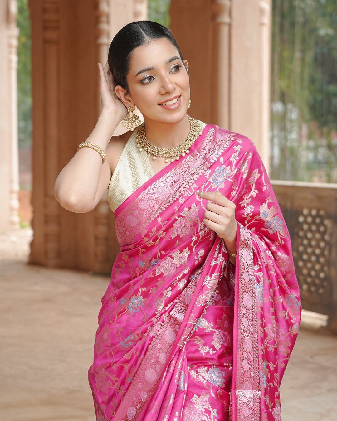 Sunehri Rani Pink Zari Banarasi Saree