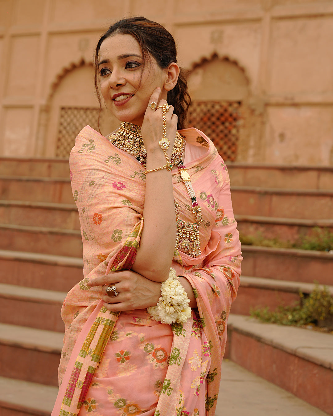 Peach Pure Chiffon Saree with Multicolor Meenakari Floral Craftsmanship