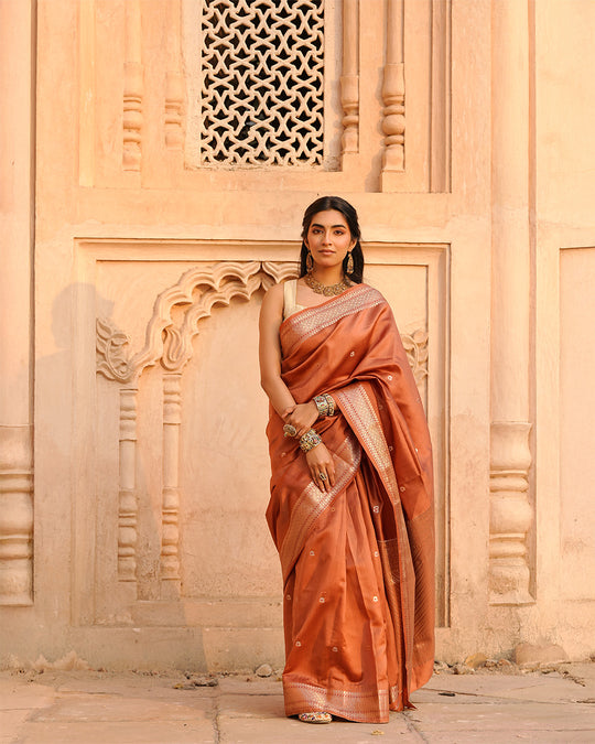 Terracotta Banarasi Silk Saree with Timeless Craft