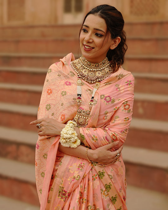 Peach Pure Chiffon Saree with Multicolor Meenakari Floral Craftsmanship