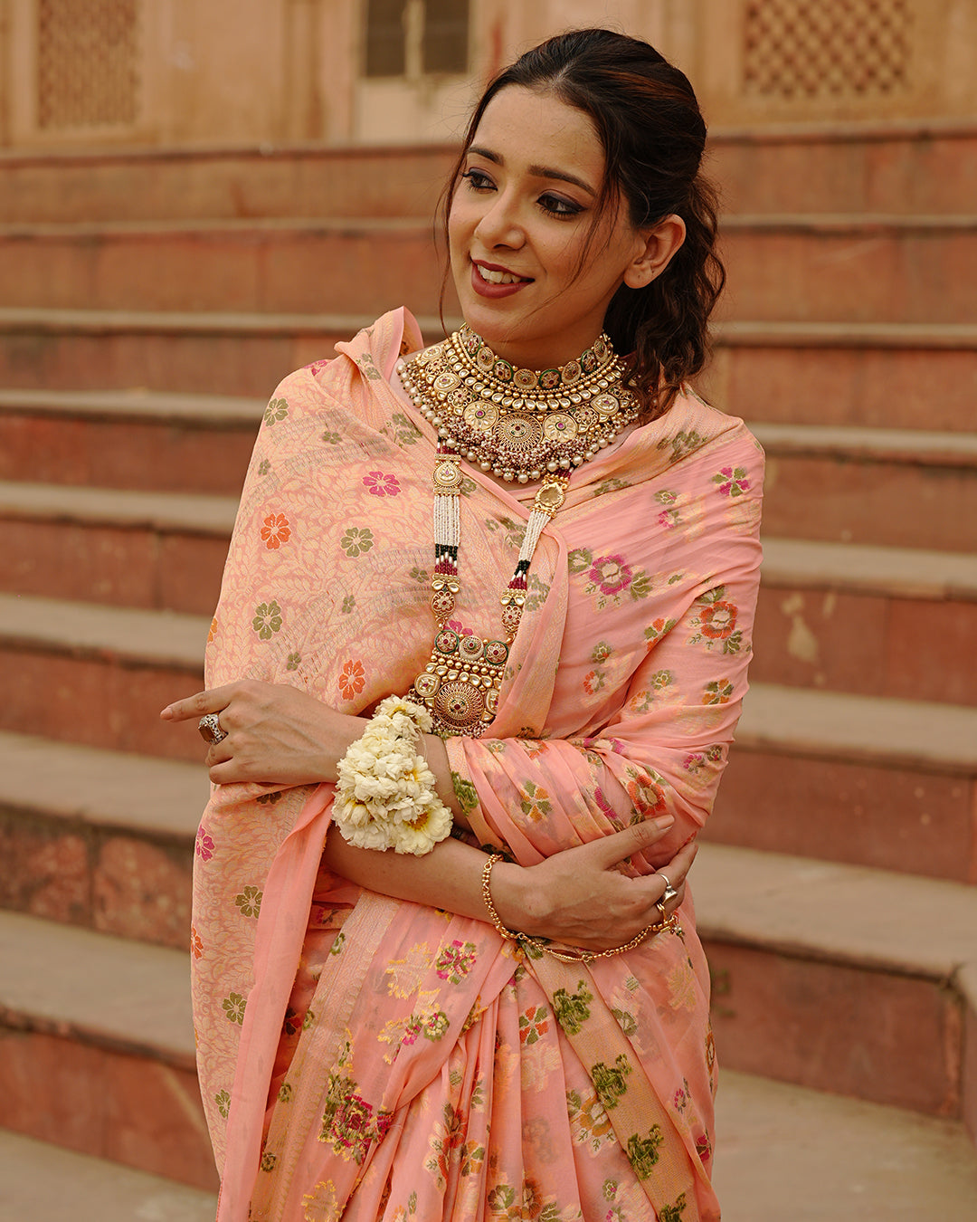 Peach Pure Chiffon Saree with Multicolor Meenakari Floral Craftsmanship