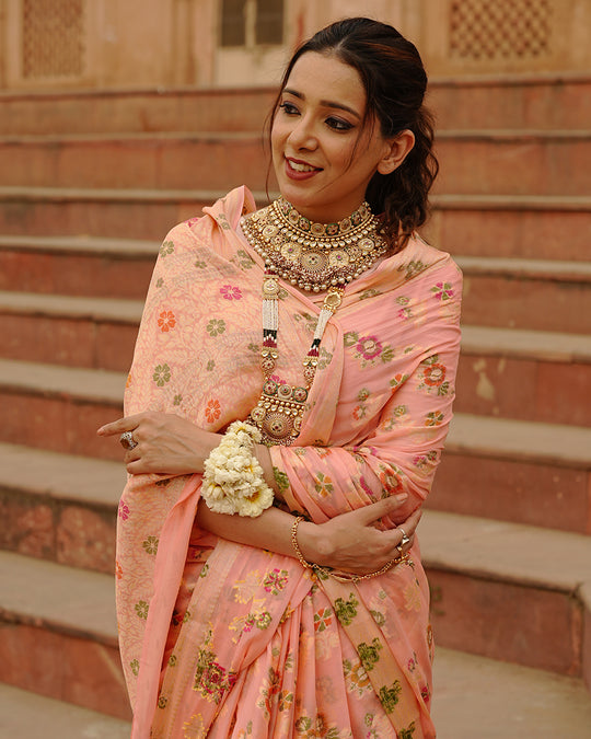 Peach Pure Chiffon Saree with Multicolor Meenakari Floral Craftsmanship