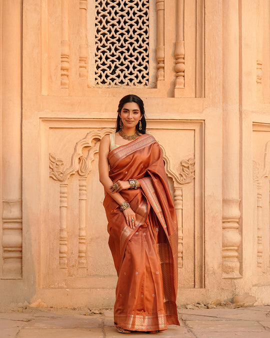 Terracotta Banarasi Silk Saree with Timeless Craft