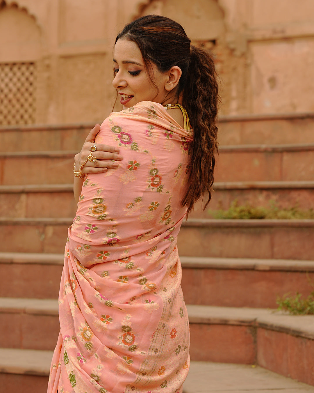 Peach Pure Chiffon Saree with Multicolor Meenakari Floral Craftsmanship