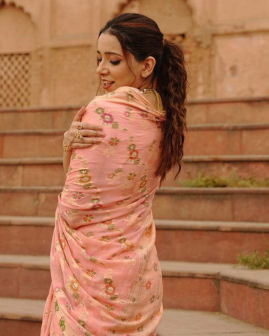 Peach Pure Chiffon Saree with Multicolor Meenakari Floral Craftsmanship
