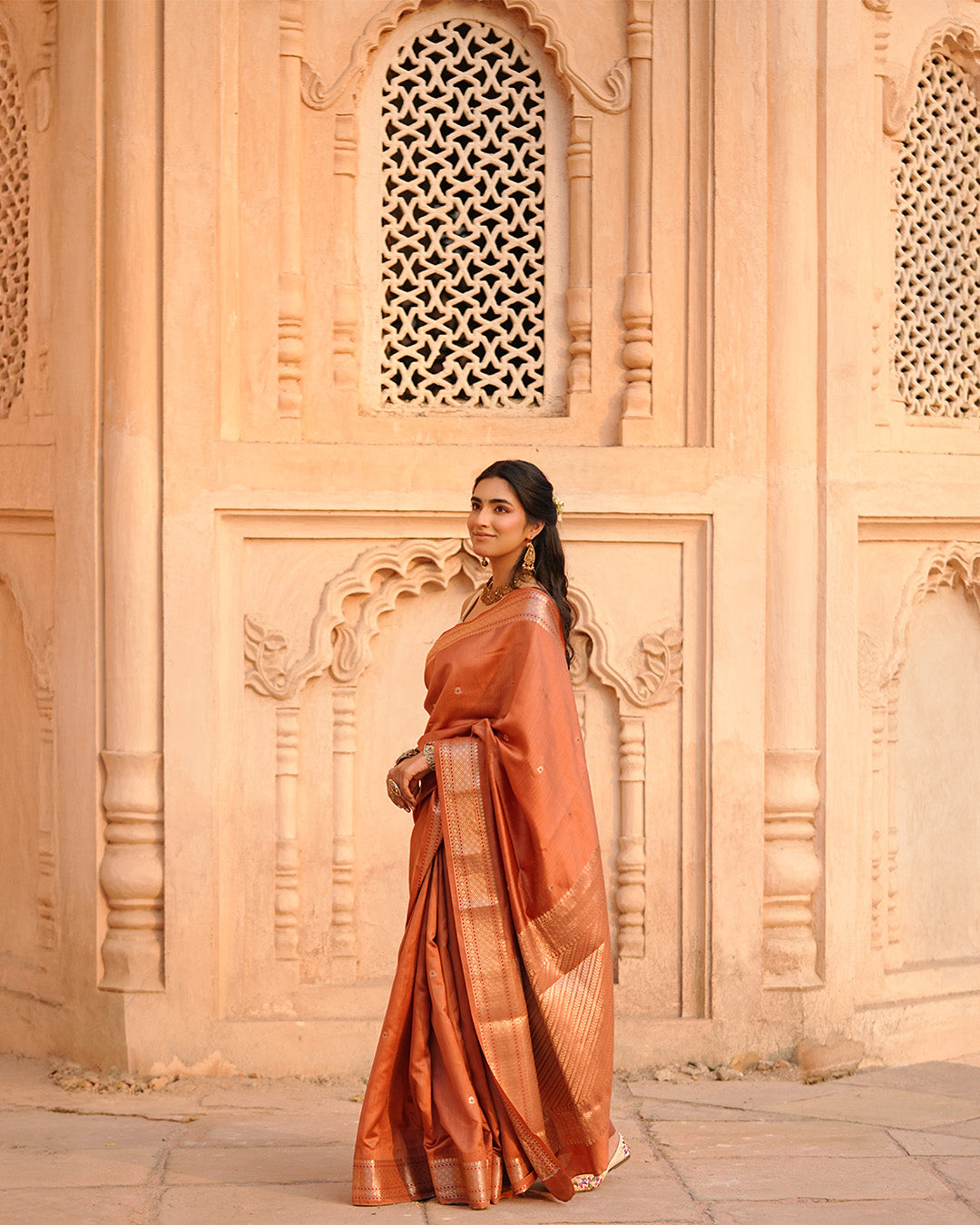 Terracotta Banarasi Silk Saree with Timeless Craft