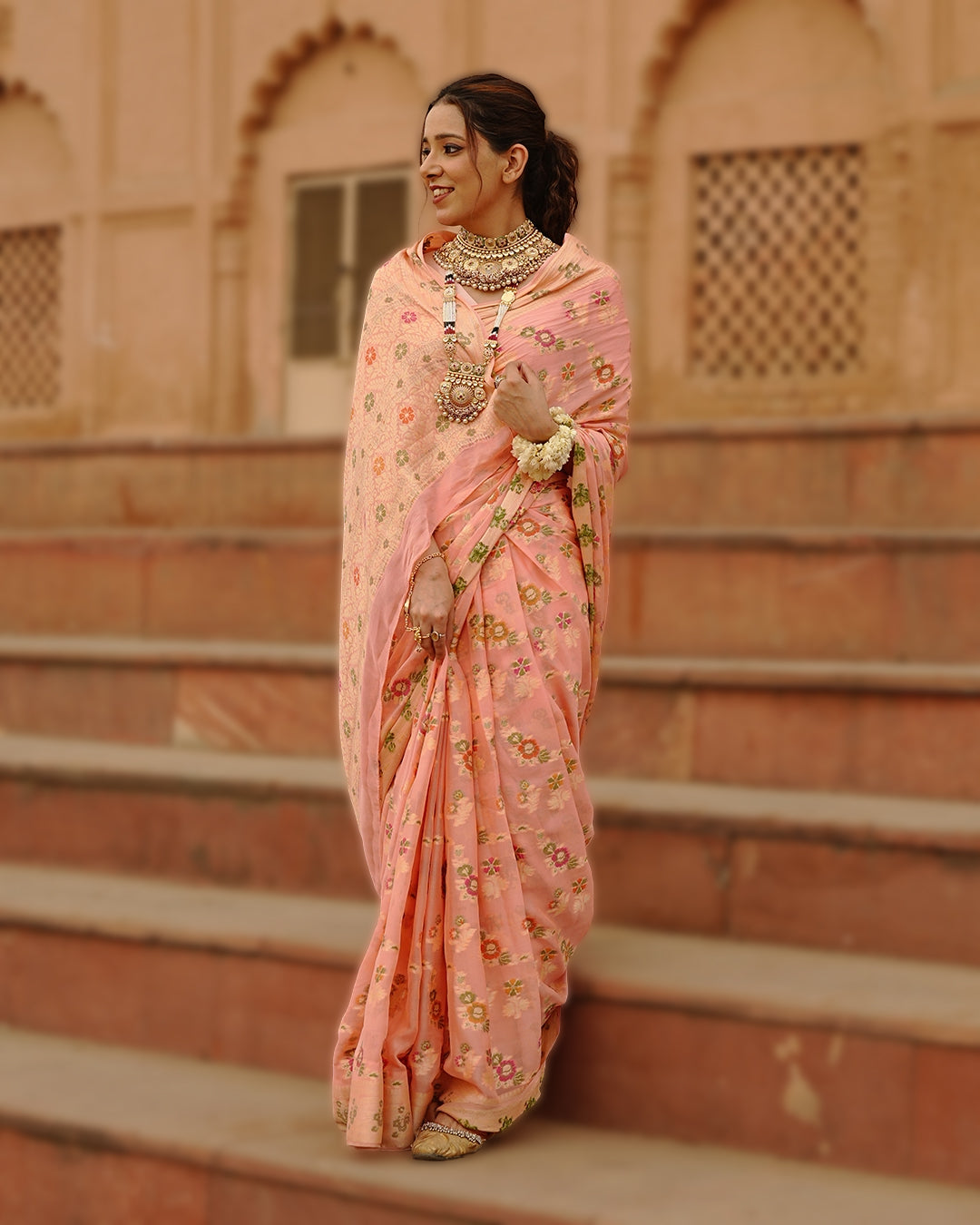 Peach Pure Chiffon Saree with Multicolor Meenakari Floral Craftsmanship