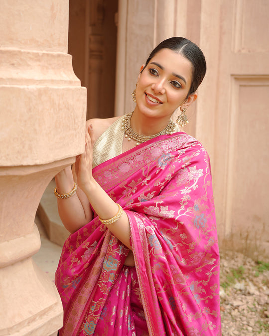 Sunehri Rani Pink Zari Banarasi Saree