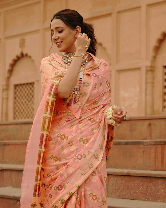 Peach Pure Chiffon Saree with Multicolor Meenakari Floral Craftsmanship