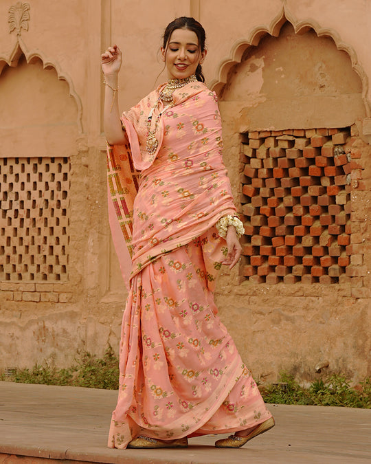 Peach Pure Chiffon Saree with Multicolor Meenakari Floral Craftsmanship