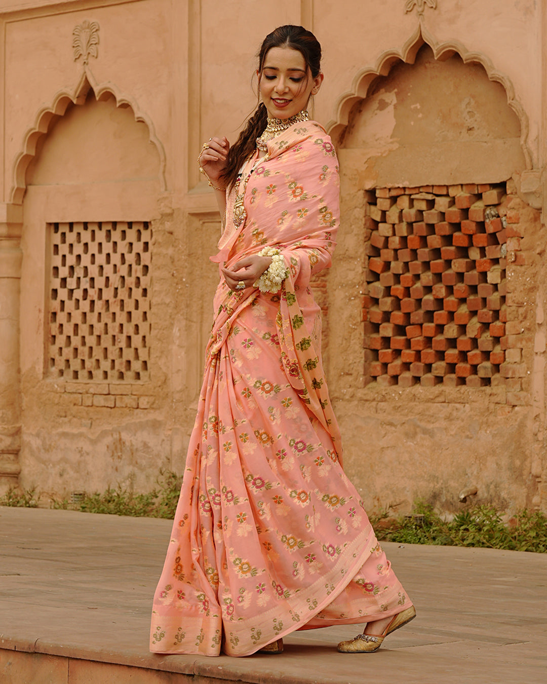 Peach Pure Chiffon Saree with Multicolor Meenakari Floral Craftsmanship