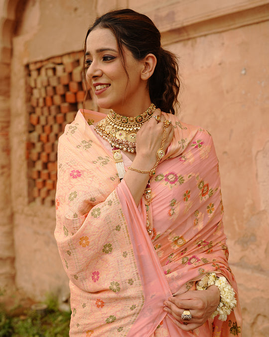 Peach Pure Chiffon Saree with Multicolor Meenakari Floral Craftsmanship
