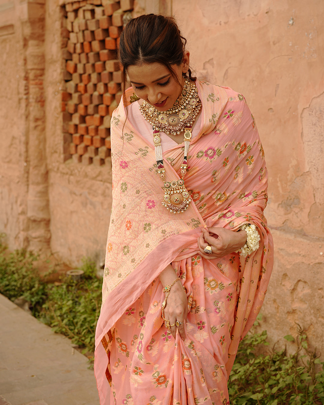 Peach Pure Chiffon Saree with Multicolor Meenakari Floral Craftsmanship