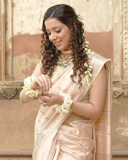 Soft Beige Pure Banarasi Saree with Leheriya Weaves and Meenakari Border