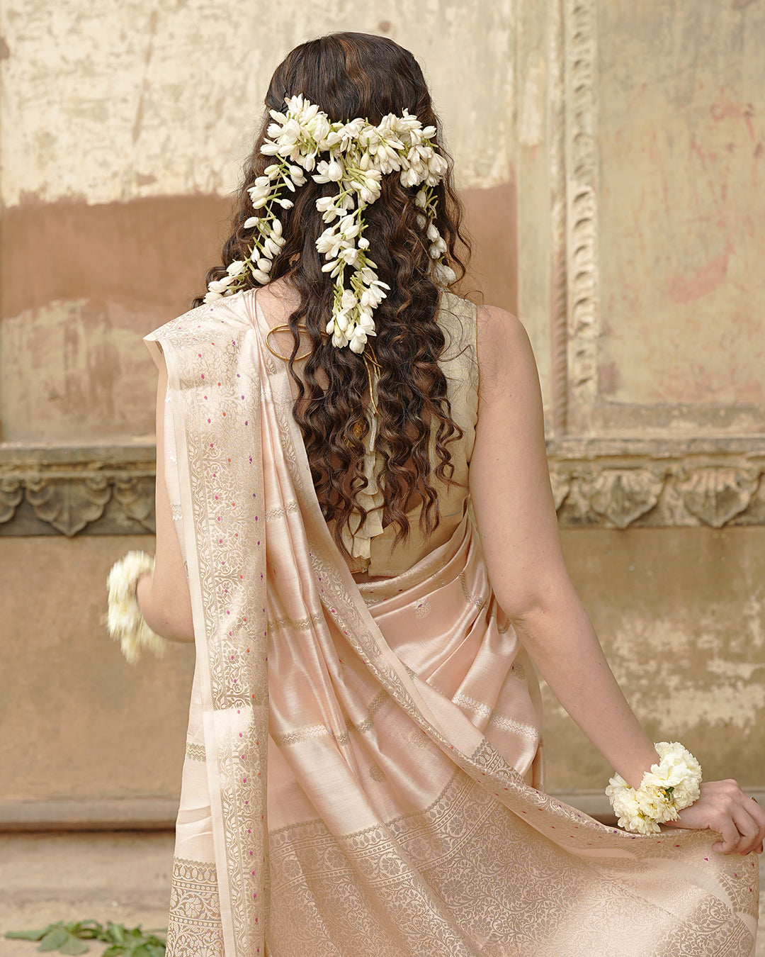 Soft Beige Pure Banarasi Saree with Leheriya Weaves and Meenakari Border