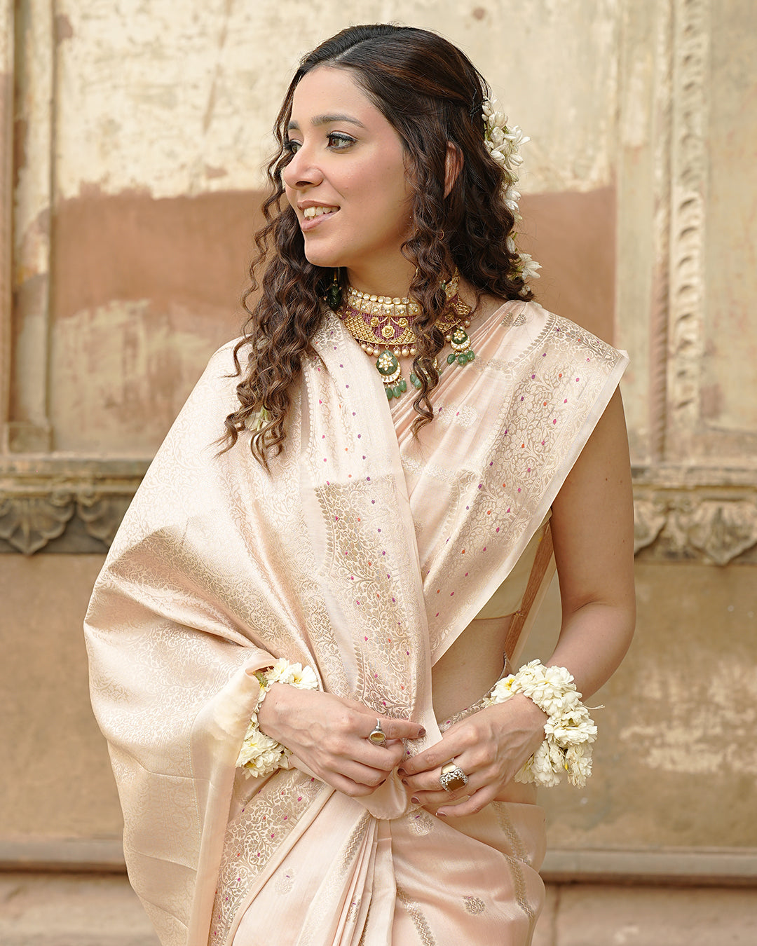 Soft Beige Pure Banarasi Saree with Leheriya Weaves and Meenakari Border