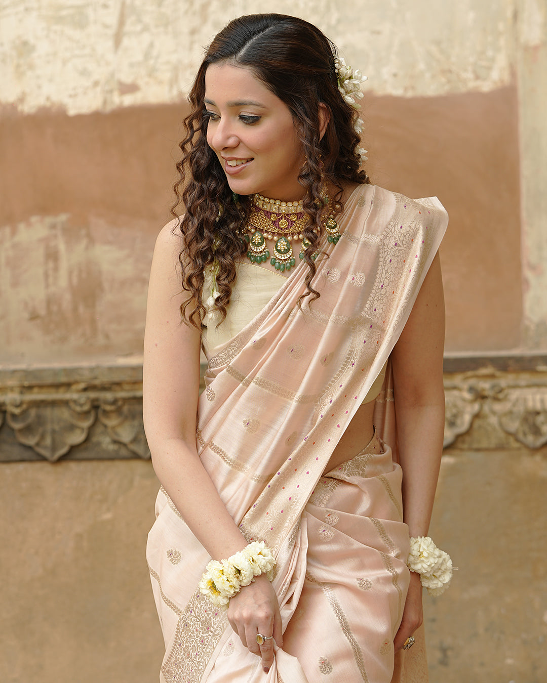 Soft Beige Pure Banarasi Saree with Leheriya Weaves and Meenakari Border