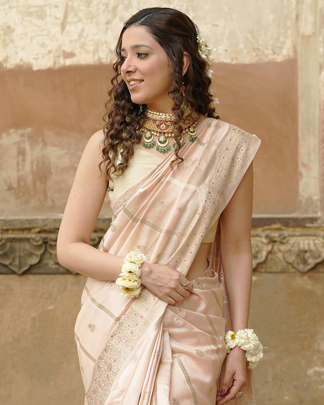 Soft Beige Pure Banarasi Saree with Leheriya Weaves and Meenakari Border