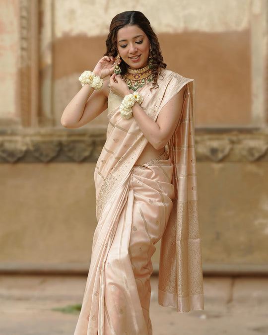 Soft Beige Pure Banarasi Saree with Leheriya Weaves and Meenakari Border