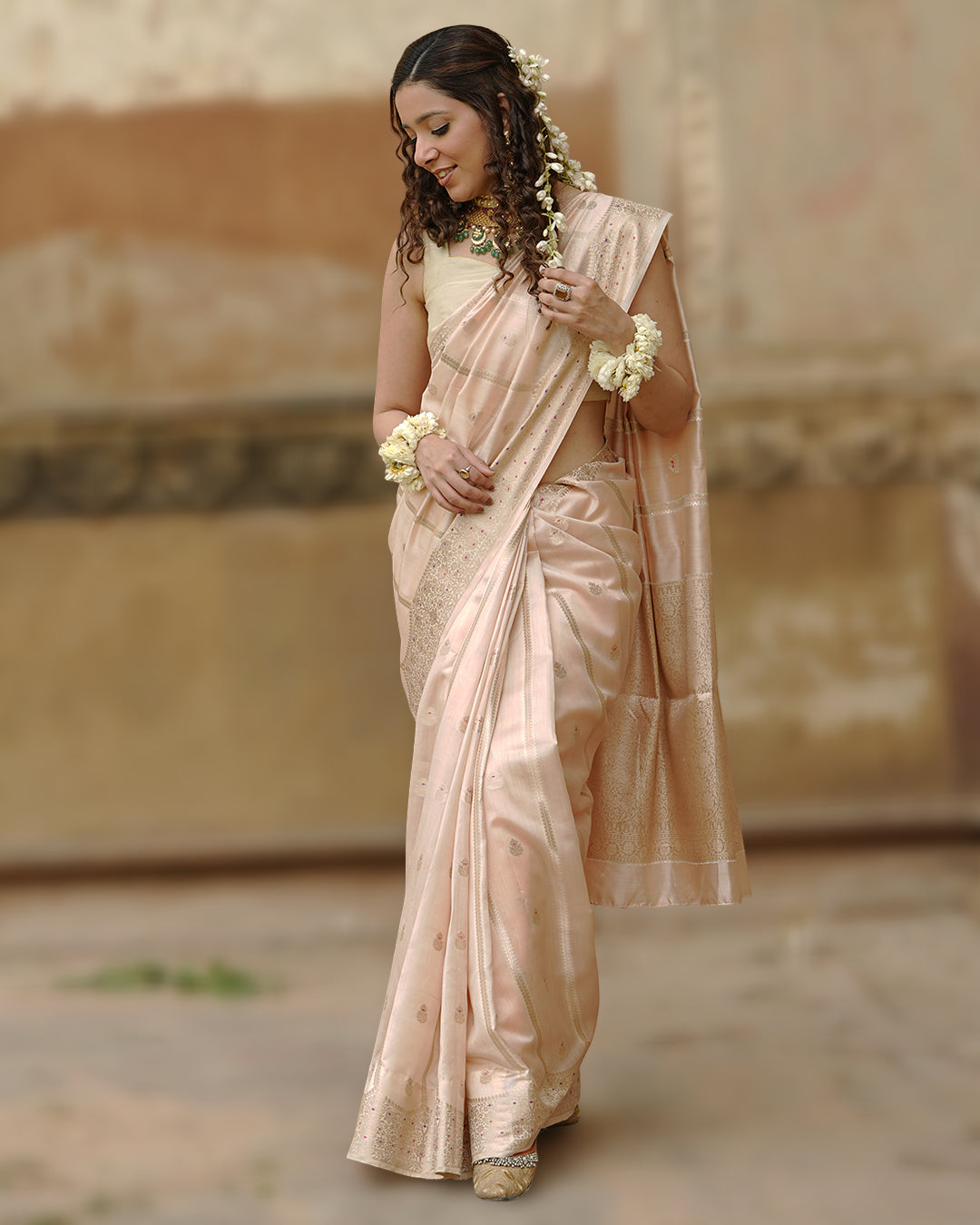 Soft Beige Pure Banarasi Saree with Leheriya Weaves and Meenakari Border