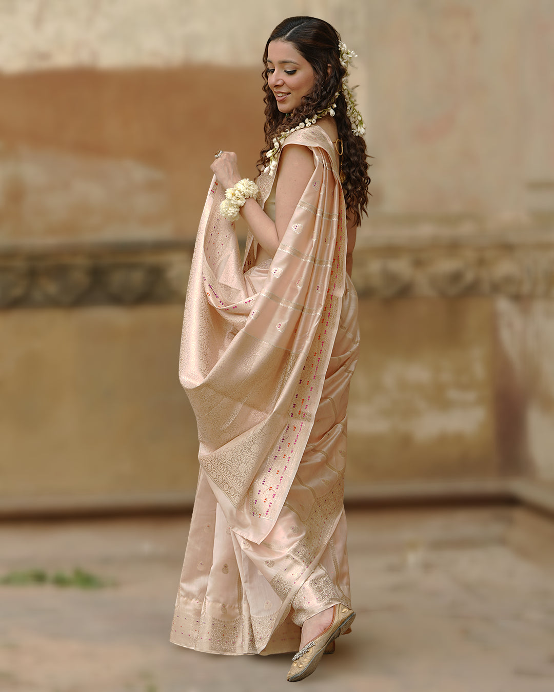 Soft Beige Pure Banarasi Saree with Leheriya Weaves and Meenakari Border