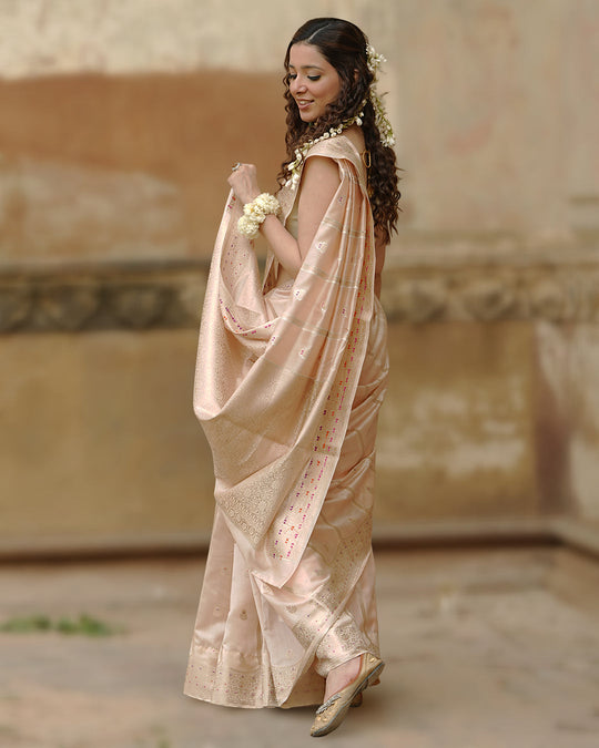 Soft Beige Pure Banarasi Saree with Leheriya Weaves and Meenakari Border