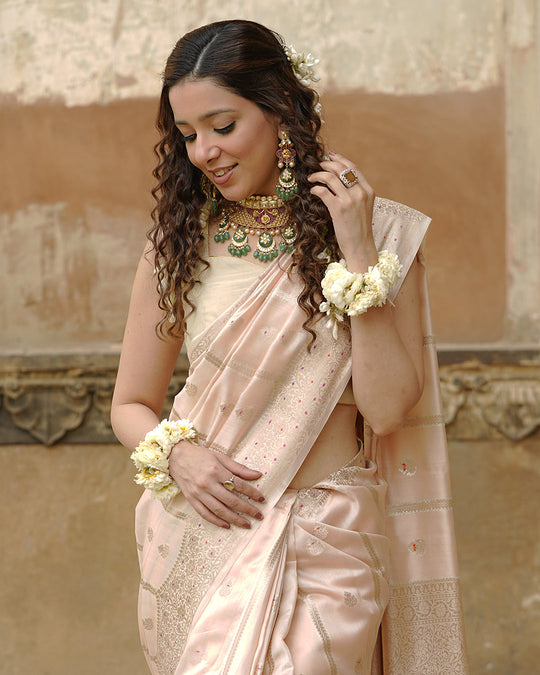 Soft Beige Pure Banarasi Saree with Leheriya Weaves and Meenakari Border
