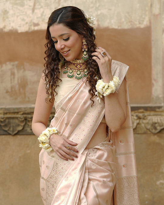 Soft Beige Pure Banarasi Saree with Leheriya Weaves and Meenakari Border
