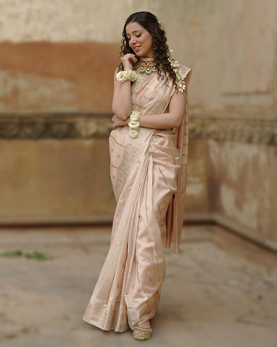 Soft Beige Pure Banarasi Saree with Leheriya Weaves and Meenakari Border