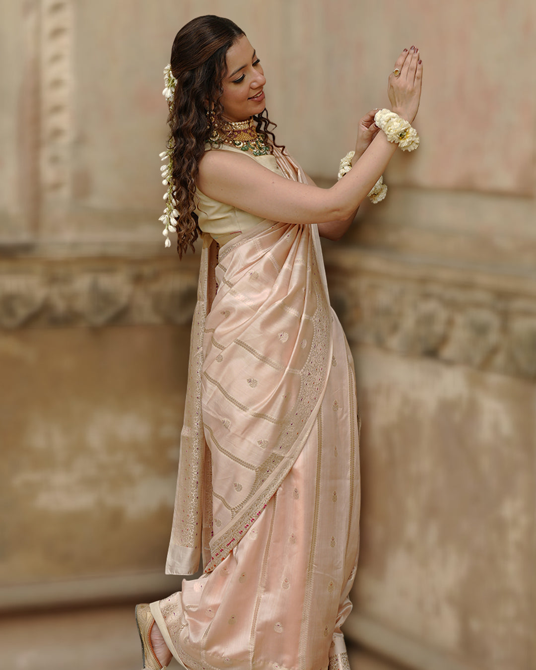 Soft Beige Pure Banarasi Saree with Leheriya Weaves and Meenakari Border