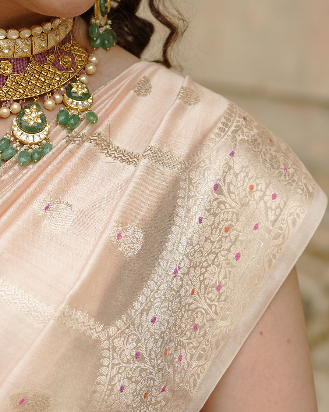 Soft Beige Pure Banarasi Saree with Leheriya Weaves and Meenakari Border