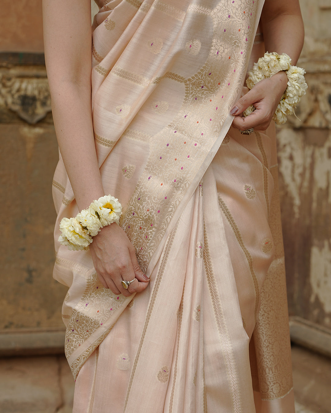 Soft Beige Pure Banarasi Saree with Leheriya Weaves and Meenakari Border