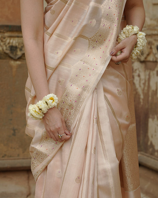 Soft Beige Pure Banarasi Saree with Leheriya Weaves and Meenakari Border