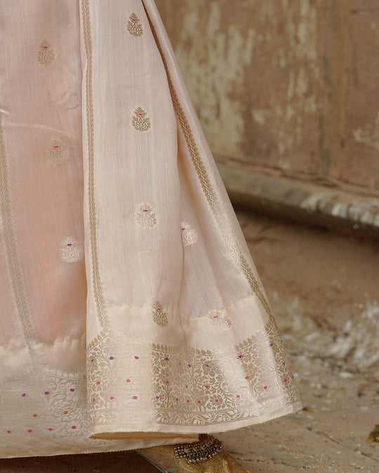 Soft Beige Pure Banarasi Saree with Leheriya Weaves and Meenakari Border