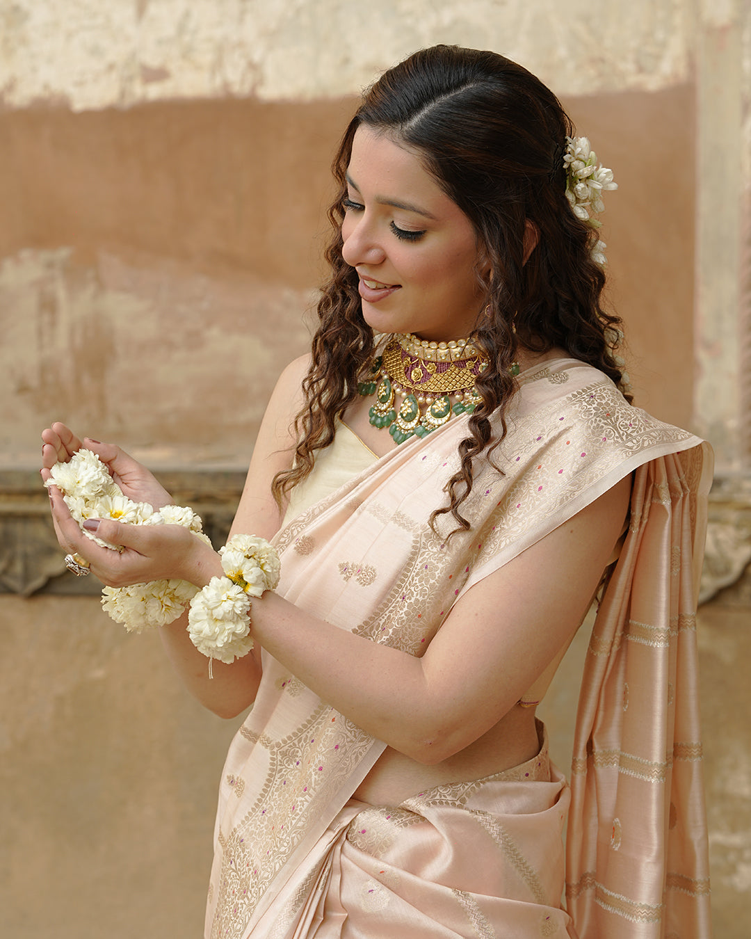 Soft Beige Pure Banarasi Saree with Leheriya Weaves and Meenakari Border