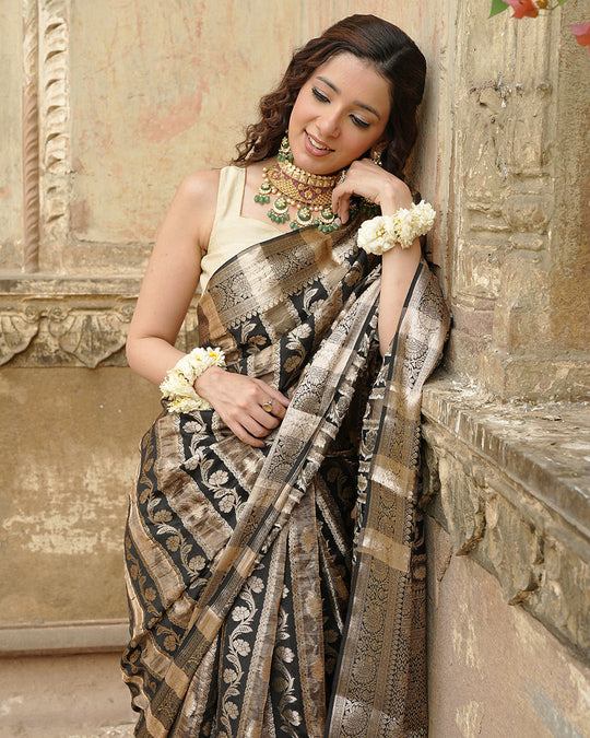 Black & Gold Pure Banarasi and Tissue Silk Saree with Floral Stripe Weaves