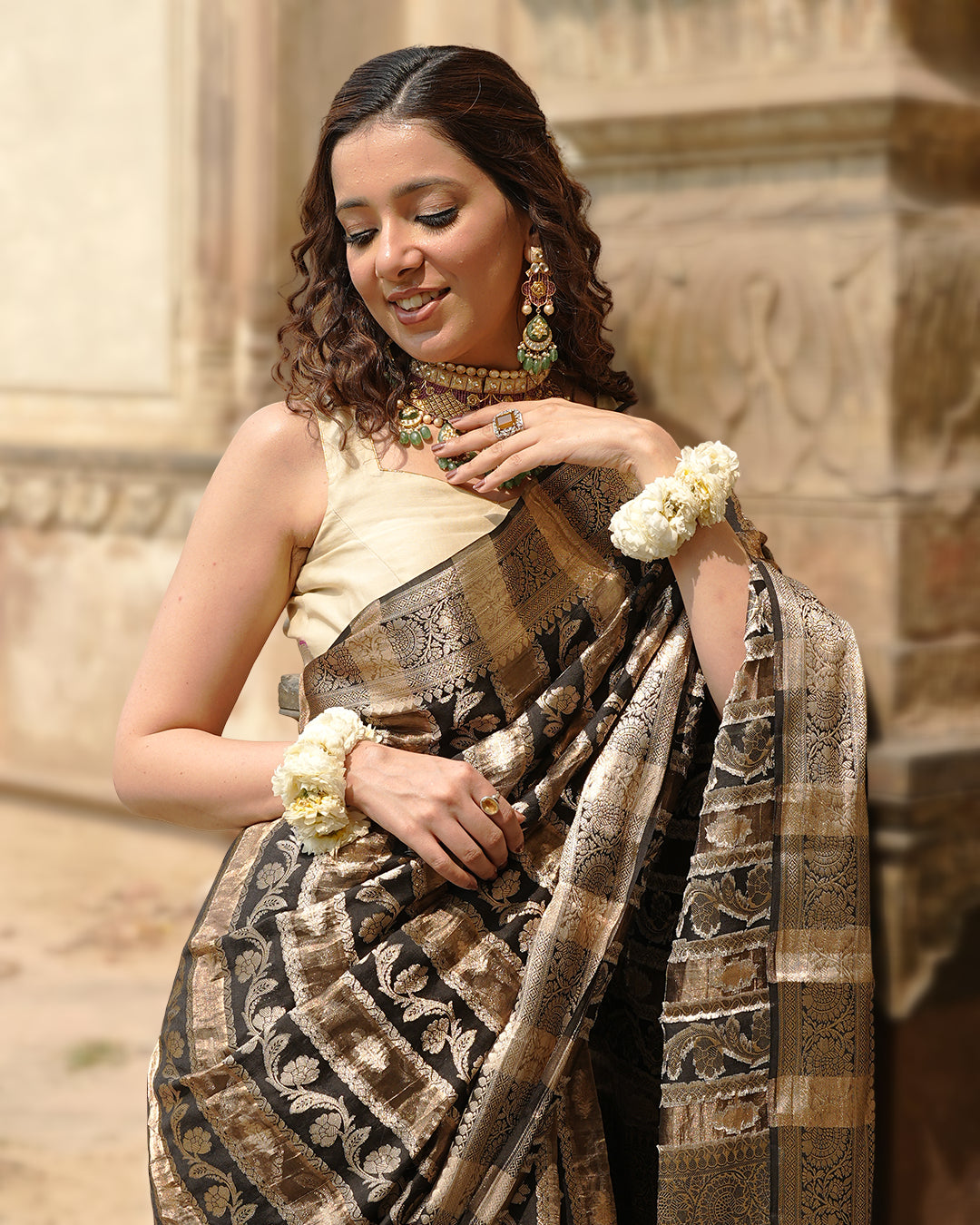 Black & Gold Pure Banarasi and Tissue Silk Saree with Floral Stripe Weaves