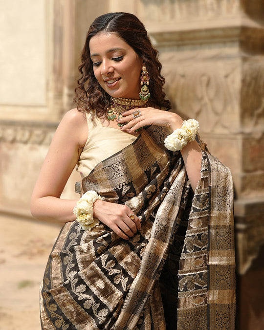 Black & Gold Pure Banarasi and Tissue Silk Saree with Floral Stripe Weaves